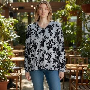 KAREN SCOTT Floral Stripe Cardigan Sweater Womens XL V-Neck Button Front